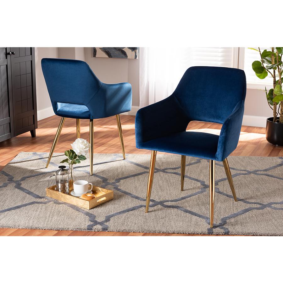 Baxton Studio Germaine Glam and Luxe Navy Blue Velvet Fabric Upholstered Gold Finished 2-Piece Metal Dining Chair Set. Picture 15