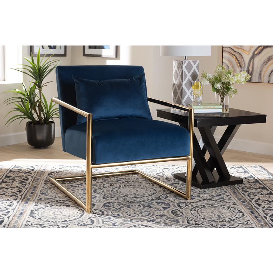 Luxe Navy Blue Velvet Fabric Upholstered Gold Finished Metal Lounge Chair. Picture 17
