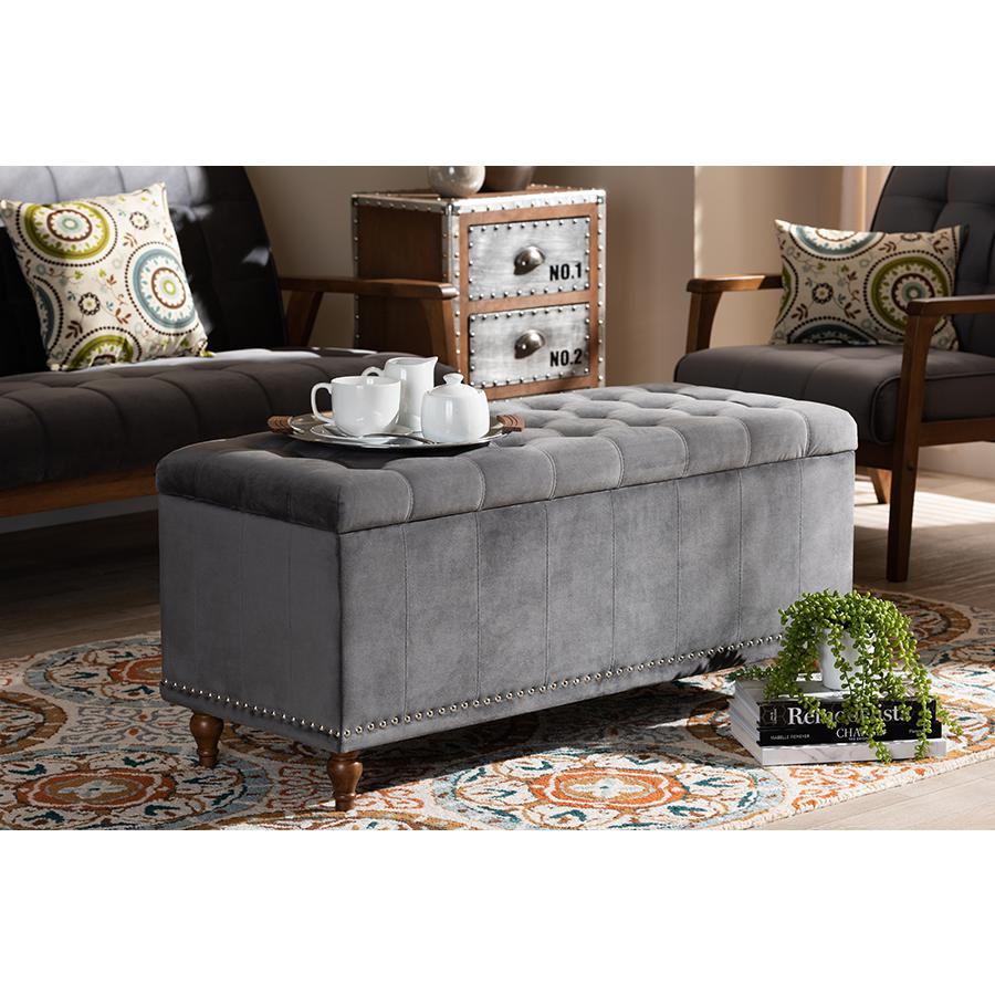 Baxton Studio Kaylee Modern and Contemporary Grey Velvet Fabric Upholstered Button-Tufted Storage Ottoman Bench. Picture 20