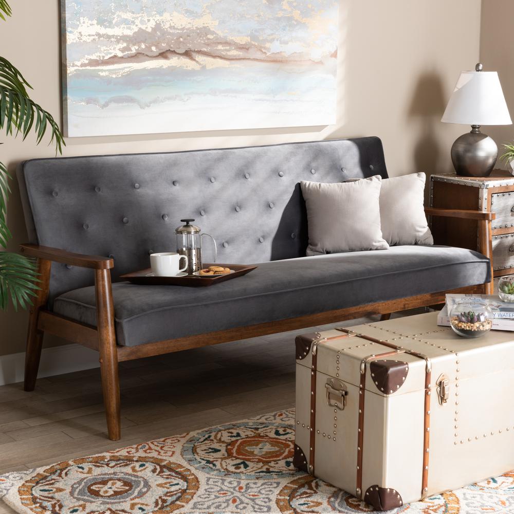 Baxton Studio Sorrento Mid-century Modern Grey Velvet Fabric Upholstered Walnut Finished Wooden 3-seater Sofa. Picture 17