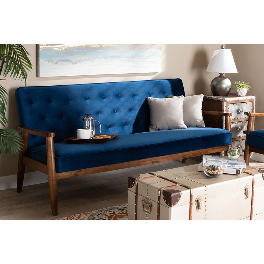 Baxton Studio Sorrento Mid-century Modern Navy Blue Velvet Fabric Upholstered Walnut Finished Wooden 3-seater Sofa. Picture 17