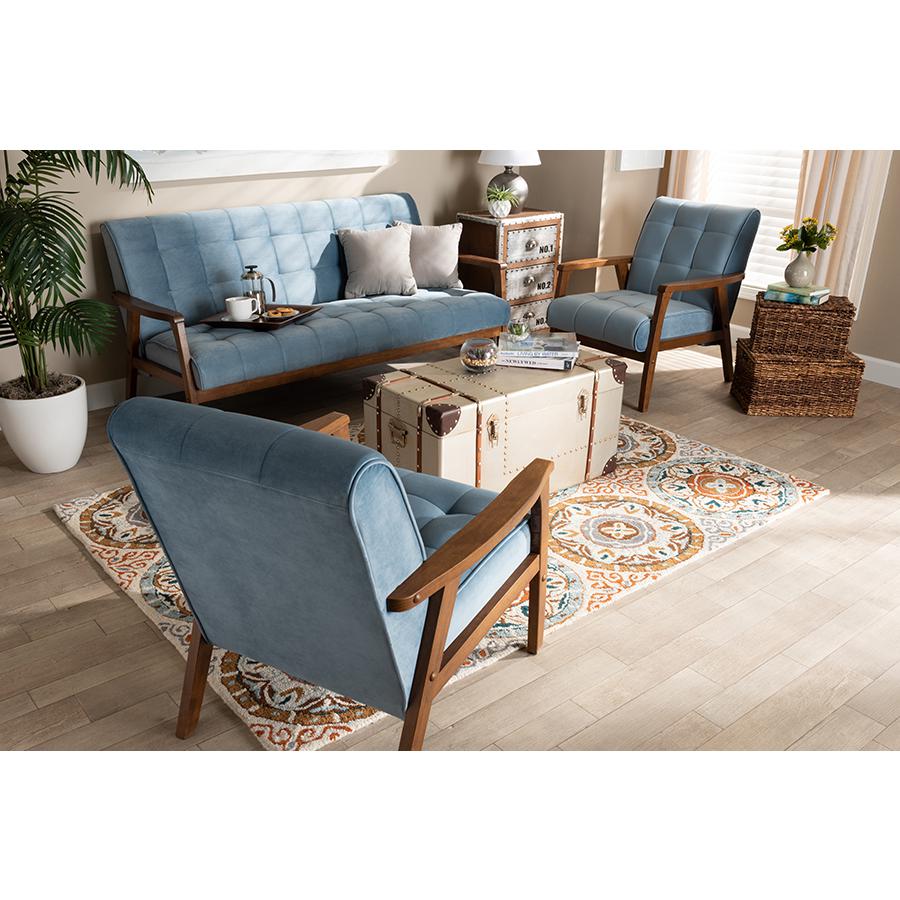 Baxton Studio Asta Mid-Century Modern Light Blue Velvet Fabric Upholstered Walnut Finished Wood 3-Piece Living Room Set. Picture 15