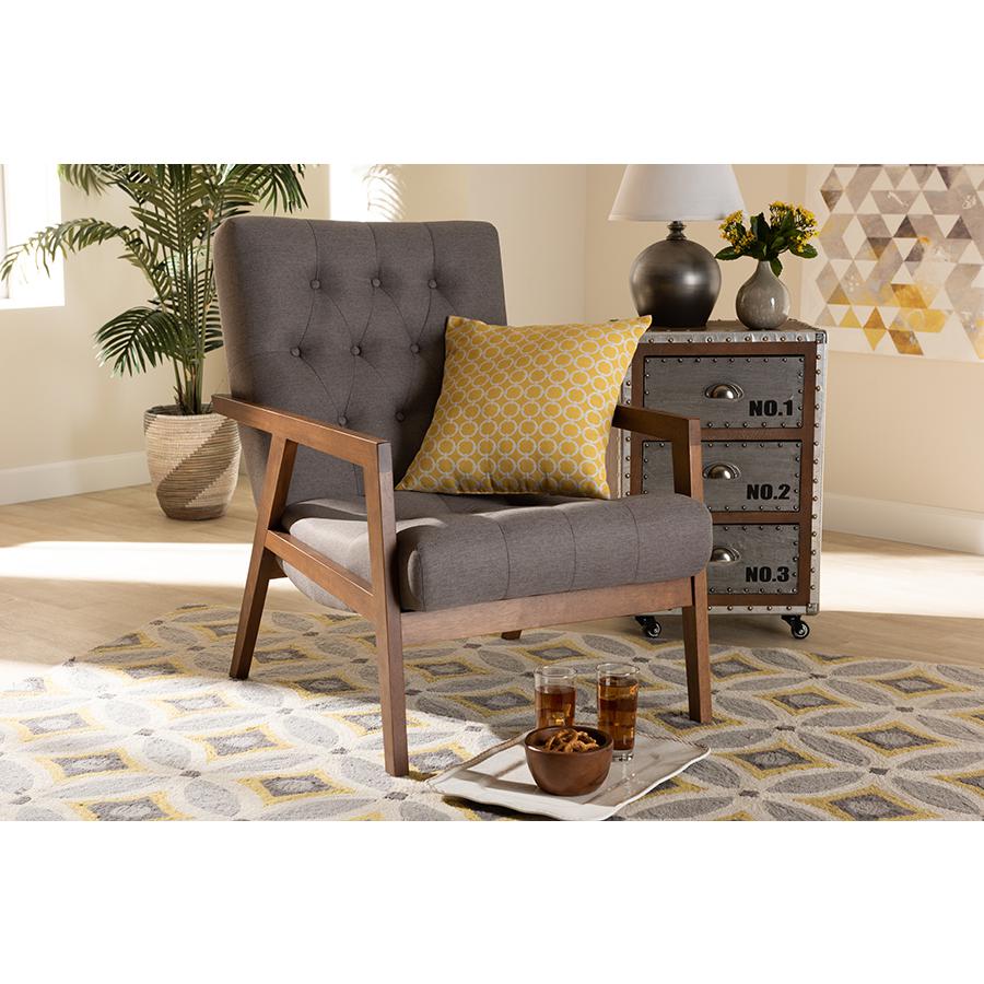 Baxton Studio Naeva Mid-Century Modern Grey Fabric Upholstered Walnut Finished Wood Armchair. Picture 17