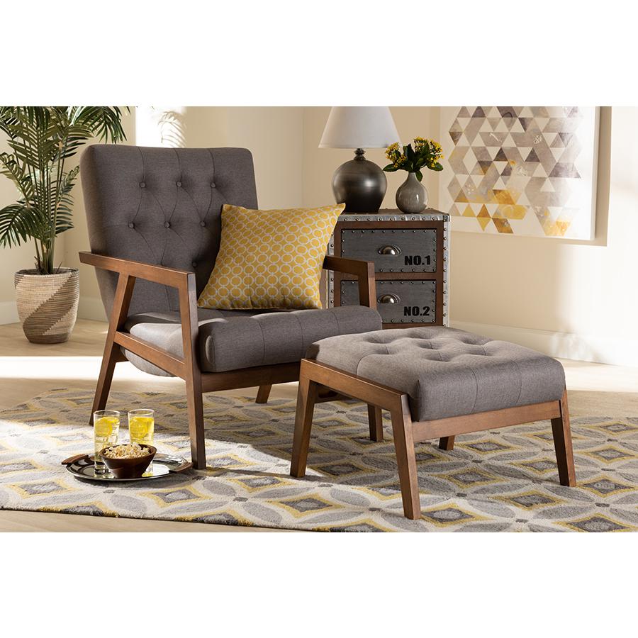 Baxton Studio Naeva Mid-Century Modern Grey Fabric Upholstered Walnut Finished Wood 2-Piece Armchair and Footstool Set. Picture 25