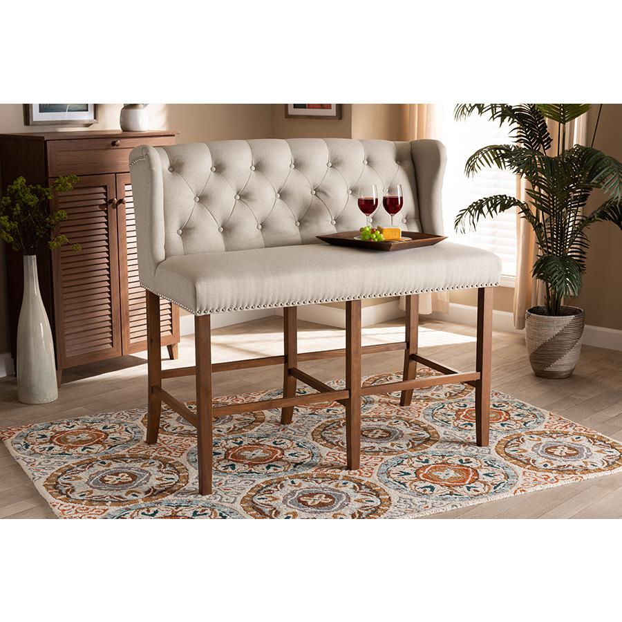 Baxton Studio Alira Modern and Contemporary Beige Fabric Upholstered Walnut Finished Wood Button Tufted Bar Stool Bench. Picture 19
