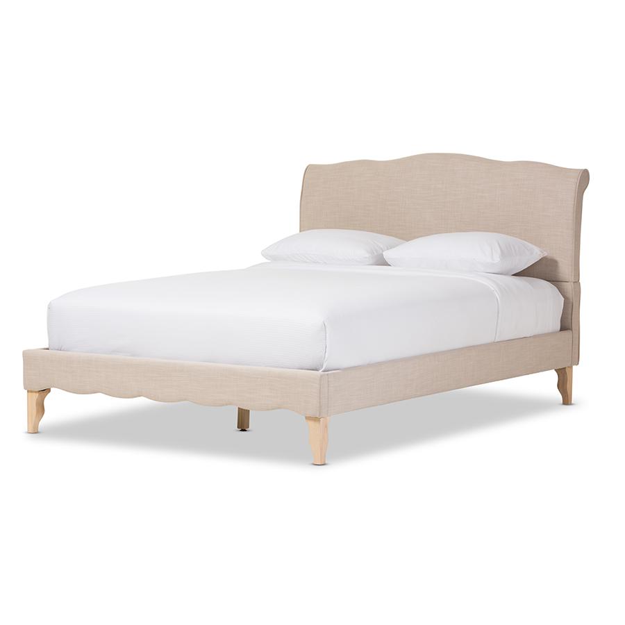 Fannie French Classic Modern Style Beige Linen Fabric Full Size Platform Bed. Picture 1