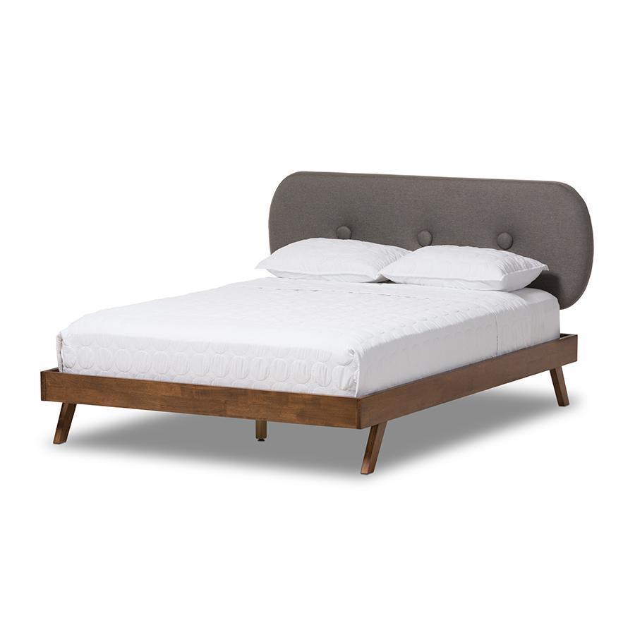 Solid Walnut Wood Grey Fabric Upholstered King Size Platform Bed. Picture 1