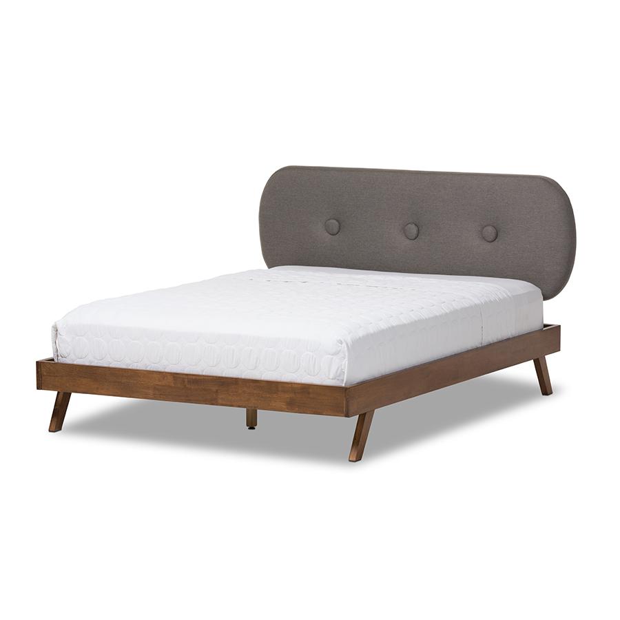 Solid Walnut Wood Grey Fabric Upholstered King Size Platform Bed. Picture 2