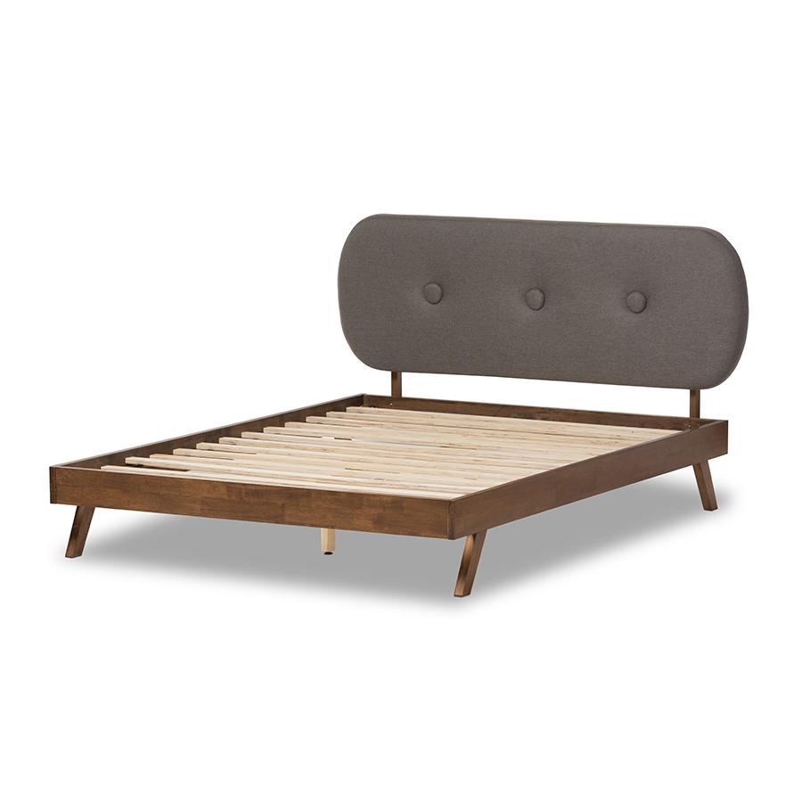 Solid Walnut Wood Grey Fabric Upholstered King Size Platform Bed. Picture 3