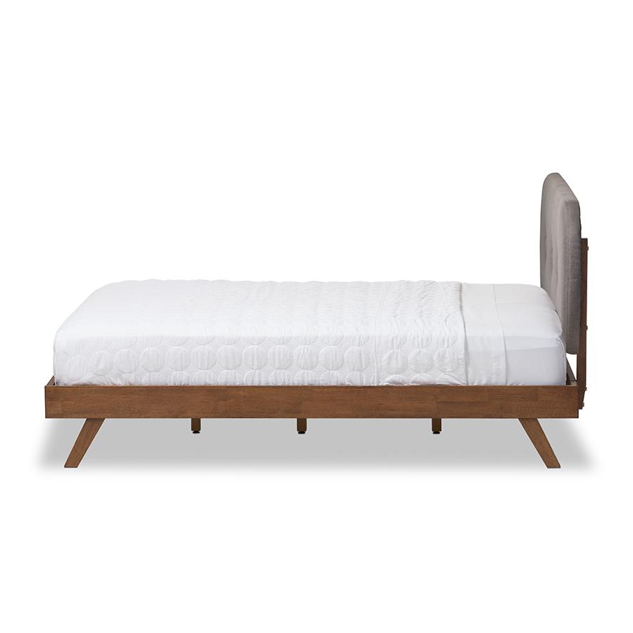 Solid Walnut Wood Grey Fabric Upholstered King Size Platform Bed. Picture 4