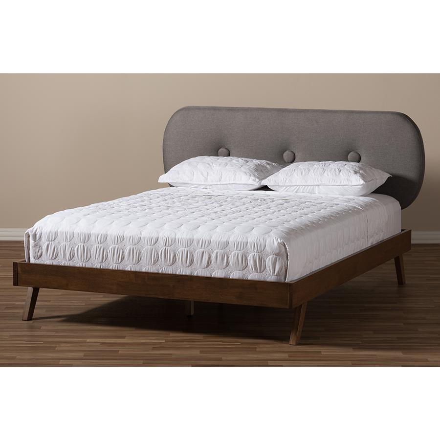 Solid Walnut Wood Grey Fabric Upholstered King Size Platform Bed. Picture 7