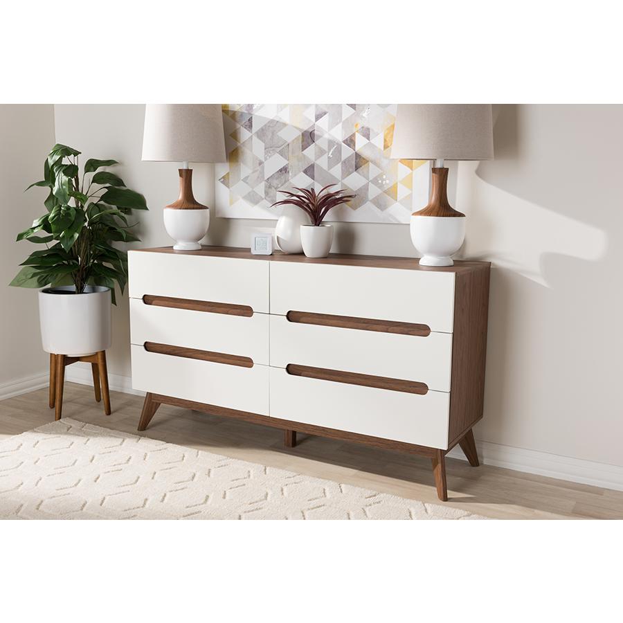 Calypso Mid-Century Modern White and Walnut Wood 6-Drawer Storage Dresser. Picture 17