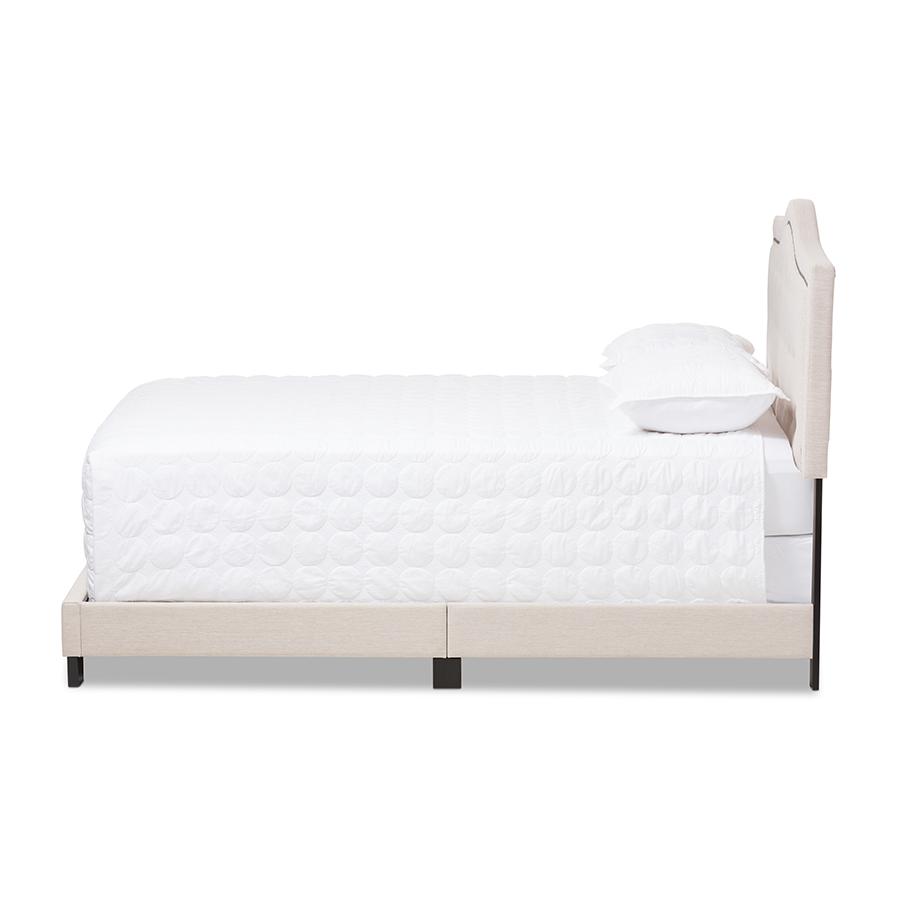 Emerson Modern and Contemporary Light Beige Fabric Upholstered Queen Size Bed. Picture 2