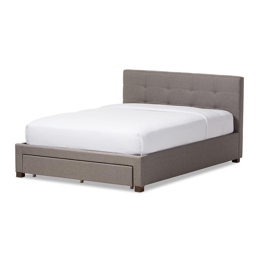 Grey Fabric Upholstered King Size Platform Bed with Storage Drawer. Picture 1