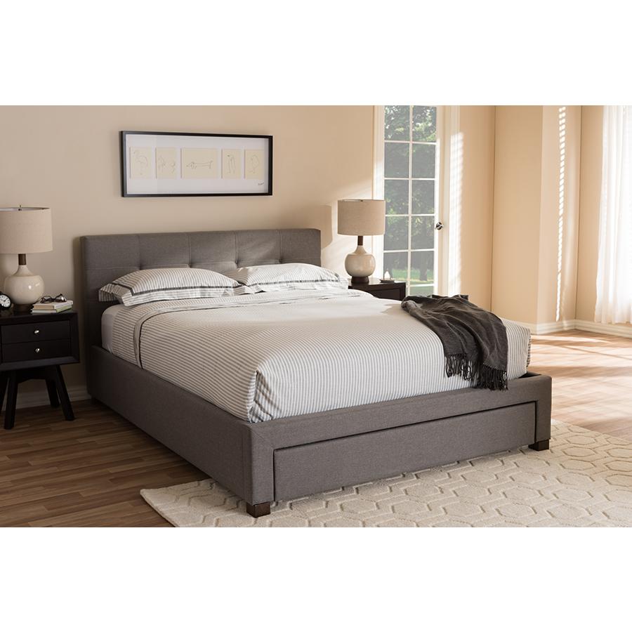 Grey Fabric Upholstered Queen Size Platform Bed with Storage Drawer. Picture 23