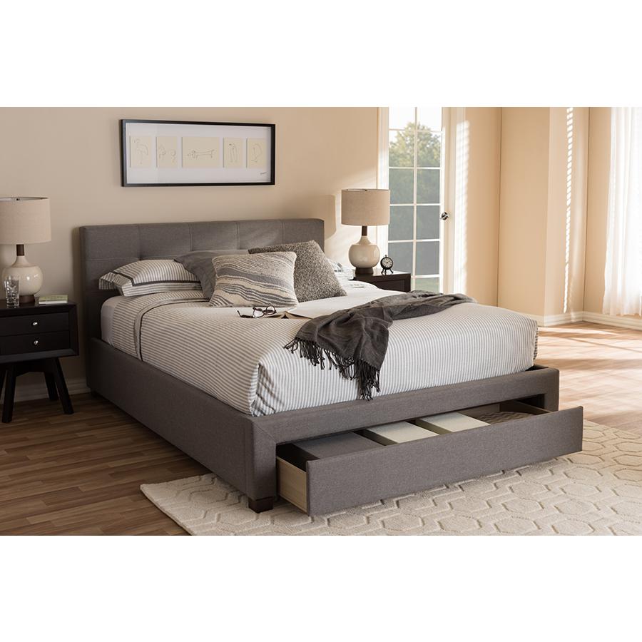 Grey Fabric Upholstered King Size Platform Bed with Storage Drawer. Picture 9