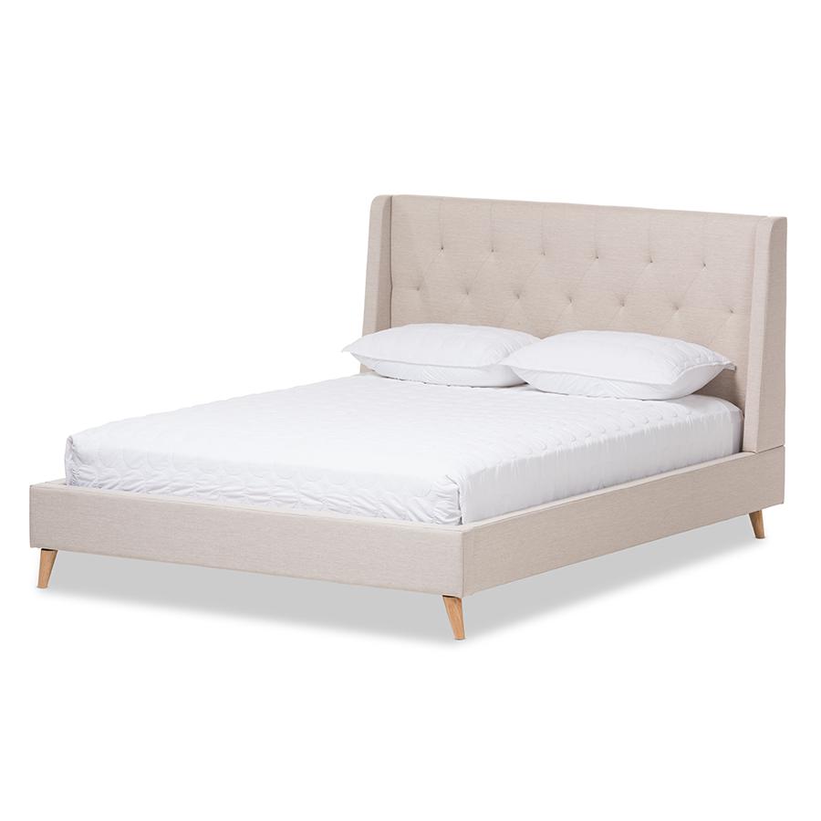 Adelaide Retro Modern Light Beige Fabric Upholstered Queen Size Platform Bed. Picture 1