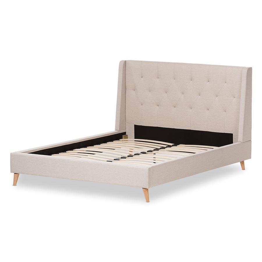 Adelaide Retro Modern Light Beige Fabric Upholstered Queen Size Platform Bed. Picture 3
