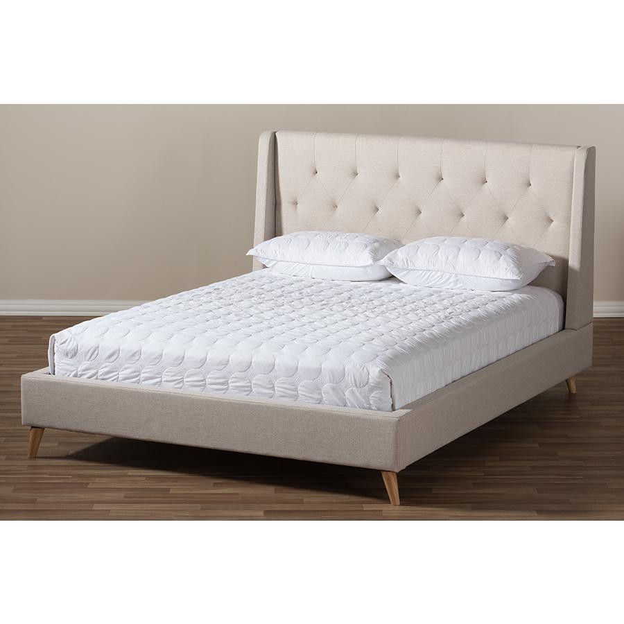 Adelaide Retro Modern Light Beige Fabric Upholstered Queen Size Platform Bed. Picture 7