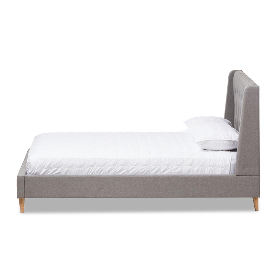 Adelaide Retro Modern Light Grey Fabric Upholstered King Size Platform Bed. Picture 2