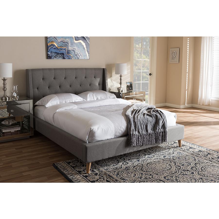 Adelaide Retro Modern Light Grey Fabric Upholstered Queen Size Platform Bed. Picture 17