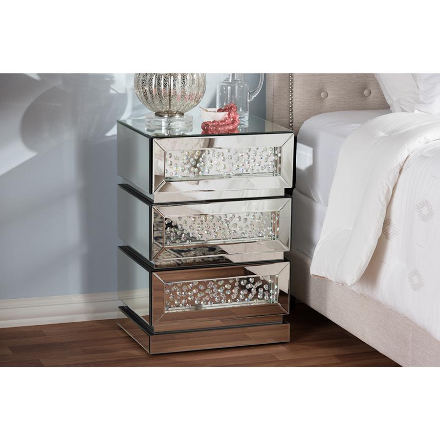 Sabrina Hollywood Regency Glamour Style Mirrored 3-Drawer End Table. Picture 15