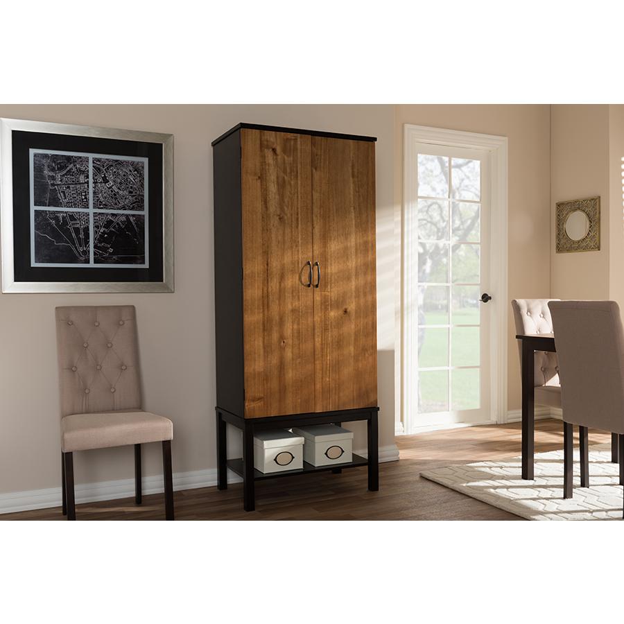 Dark Brown and Walnut Two-Tone Solid Rubberwood Mdf Veneered Wine Cabinet. Picture 19