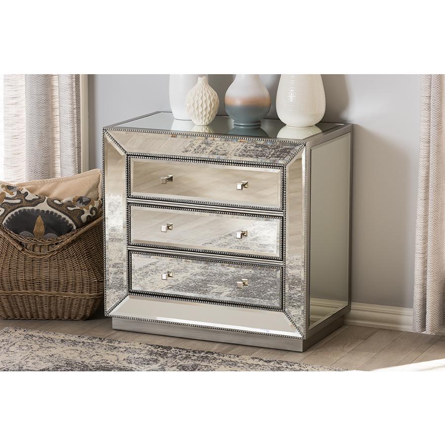 Baxton Studio Edeline Hollywood Regency Glamour Style Mirrored 3-Drawer Cabinet. Picture 15