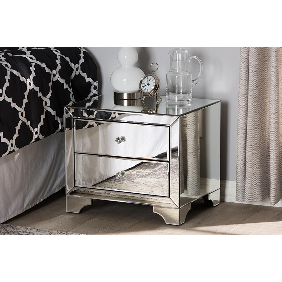Baxton Studio Farrah Hollywood Regency Glamour Style Mirrored 2-Drawer End Table. Picture 15