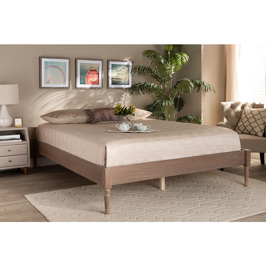 Colette French Bohemian Antique Oak Finished Wood Queen Size Platform Bed Frame. Picture 5