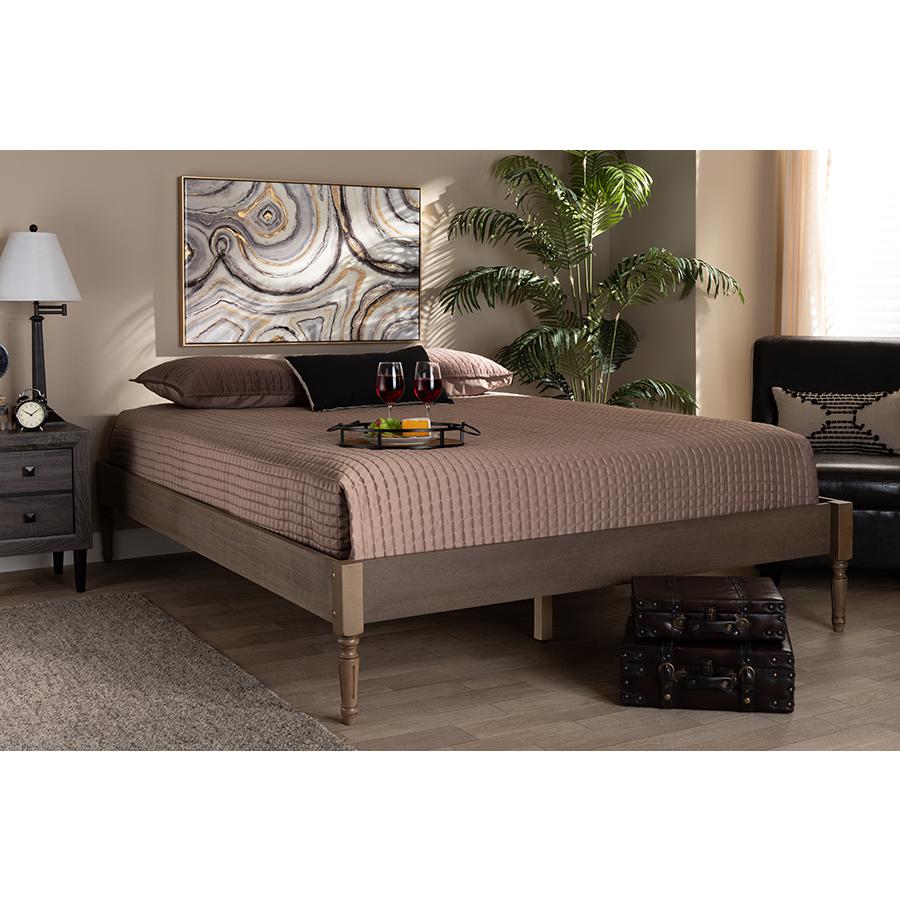 Bohemian Weathered Grey Oak Finished Wood Queen Size Platform Bed Frame. Picture 5
