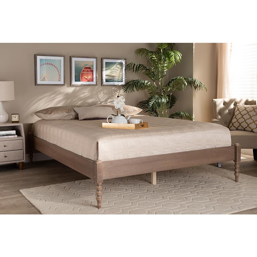 Cielle French Bohemian Antique Oak Finished Wood Queen Size Platform Bed Frame. Picture 5