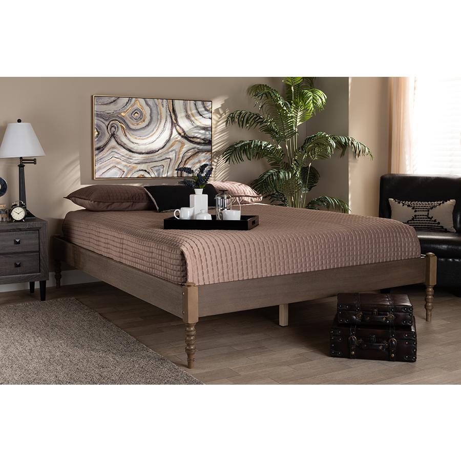 Bohemian Weathered Grey Oak Finished Wood Queen Size Platform Bed Frame. Picture 5