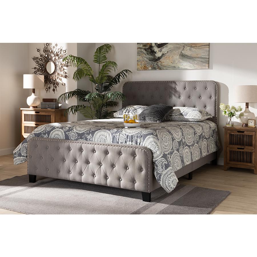 Transitional Grey Fabric Upholstered Button Tufted King Size Panel Bed. Picture 6