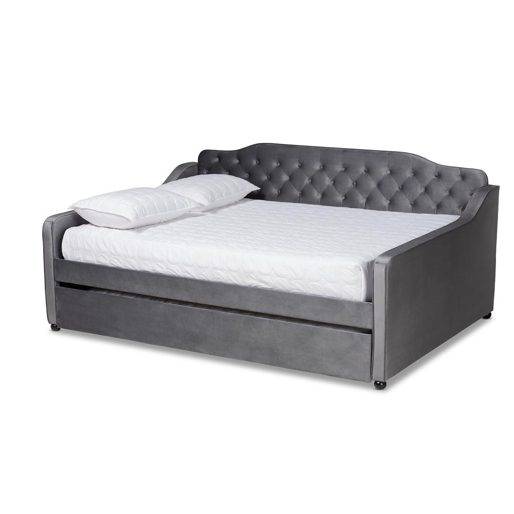 Grey Velvet Fabric Upholstered and Button Tufted Queen Size Daybed with Trundle. Picture 13