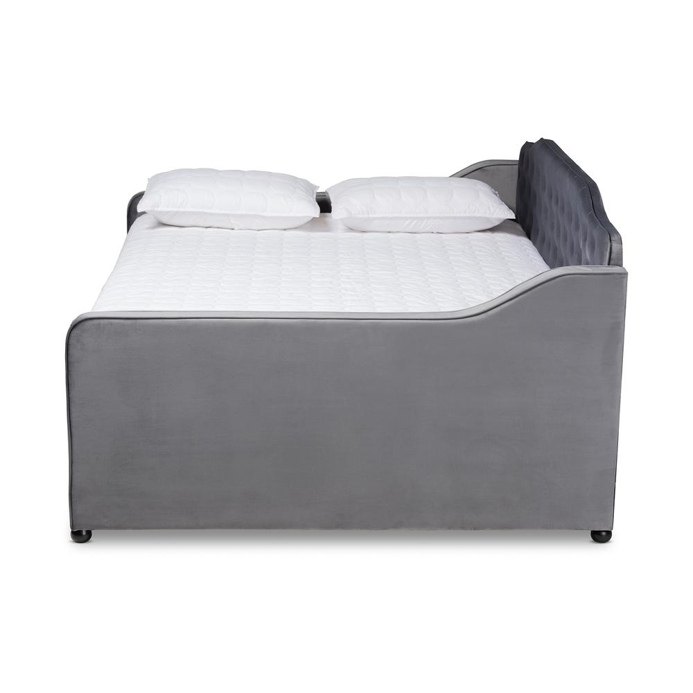 Grey Velvet Fabric Upholstered and Button Tufted Queen Size Daybed with Trundle. Picture 15