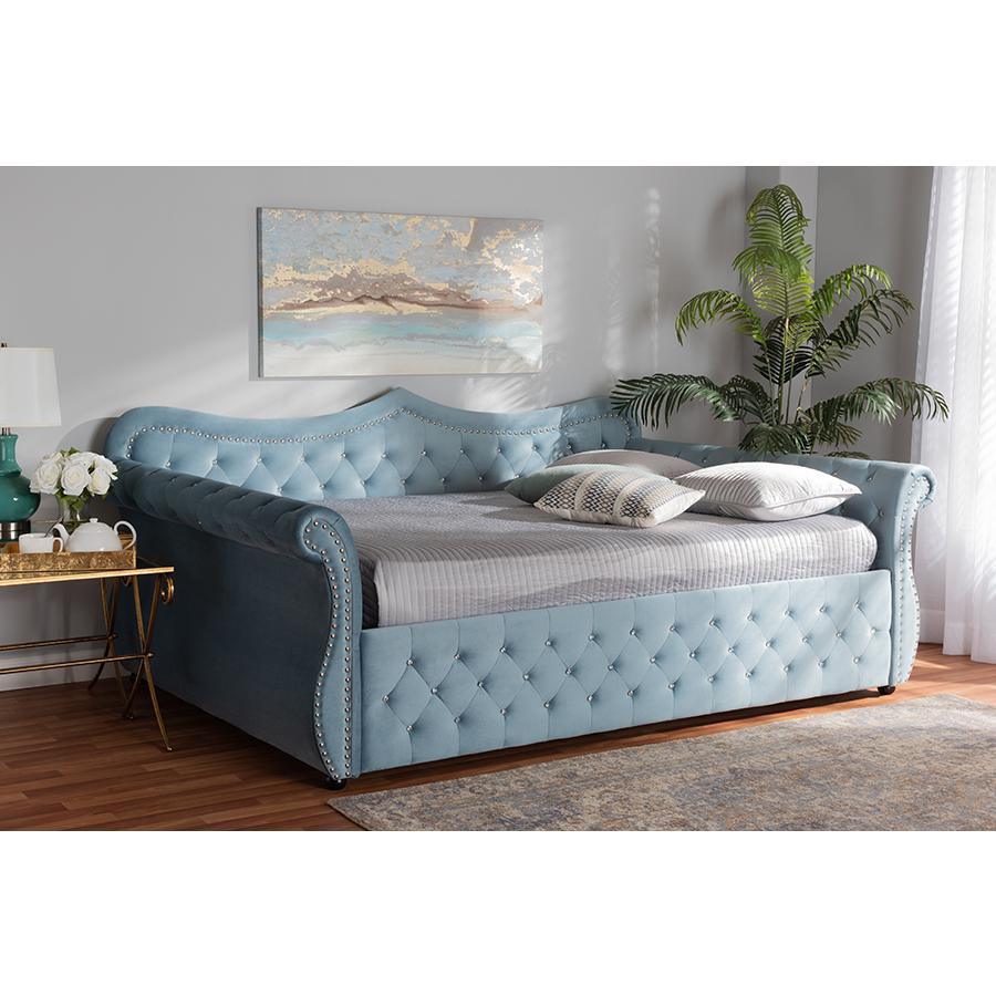 Light Blue Velvet and Crystal Tufted Queen Size Daybed. Picture 11