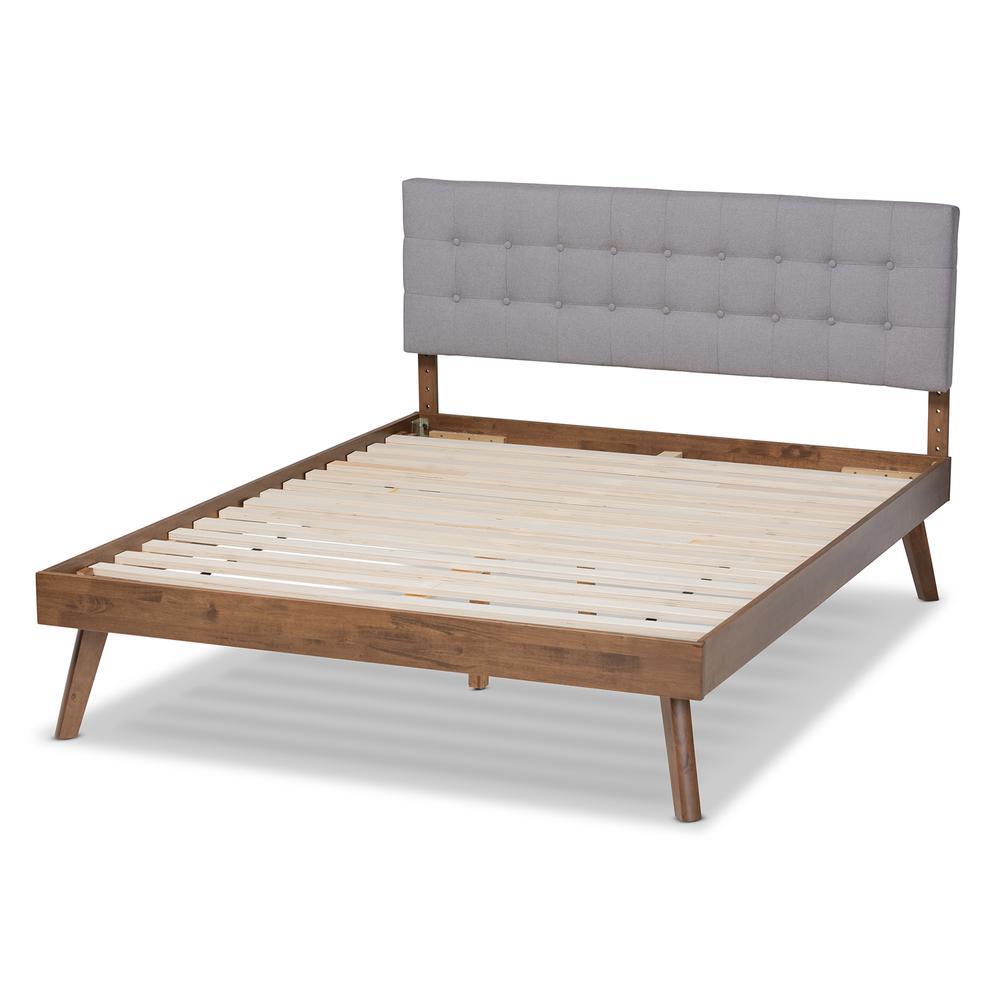 Light Grey Fabric Upholstered Walnut Brown Finished Wood Queen Size Platform Bed. Picture 13