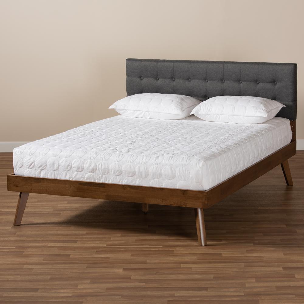 Dark Grey Fabric Upholstered Walnut Brown Finished Wood Queen Size Platform Bed. Picture 17