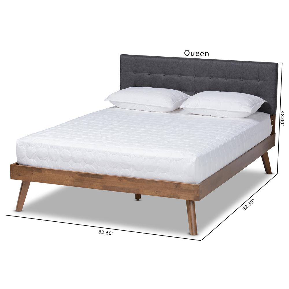 Dark Grey Fabric Upholstered Walnut Brown Finished Wood Queen Size Platform Bed. Picture 19