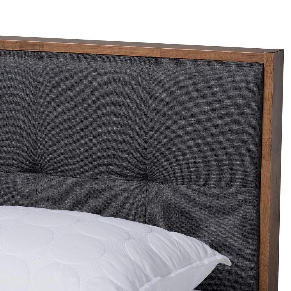 Dark Grey Fabric Upholstered Walnut Brown Finished Wood Queen Size Platform Bed. Picture 14