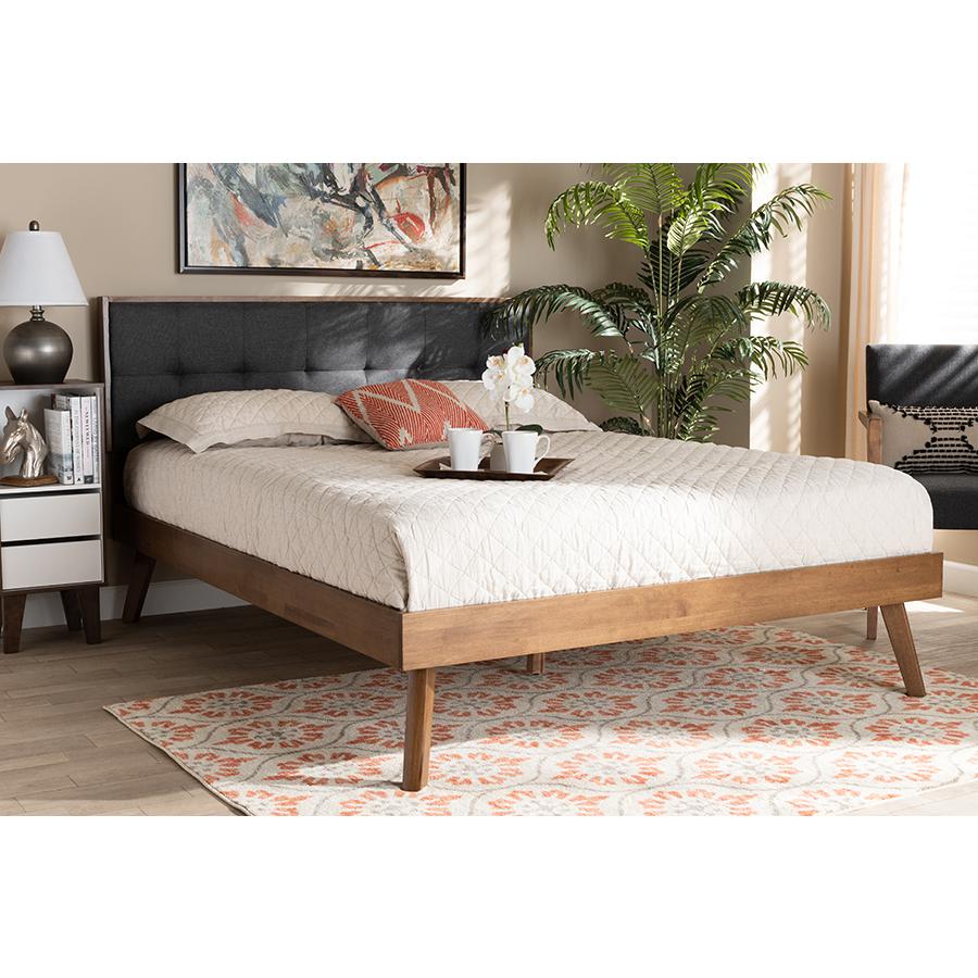 Dark Grey Fabric Upholstered Walnut Brown Finished Wood Queen Size Platform Bed. Picture 6