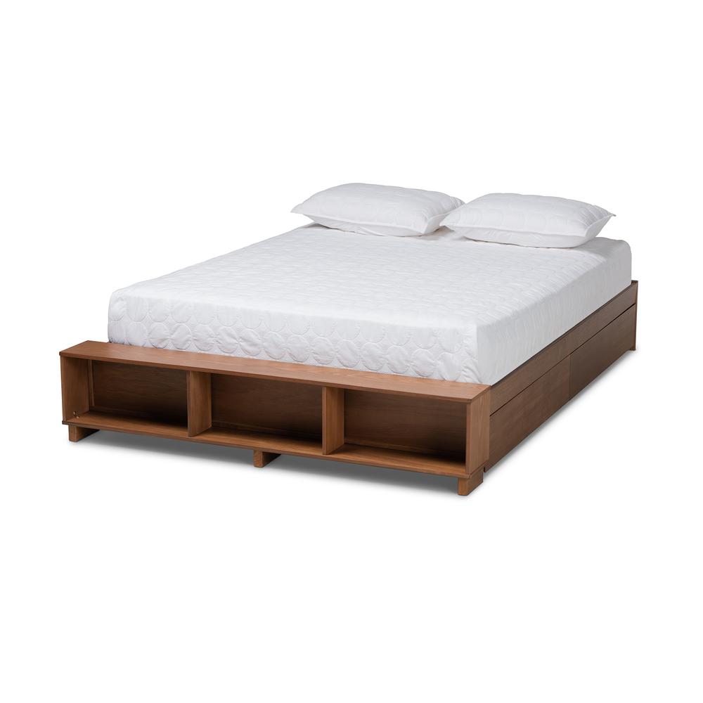 Walnut Brown Finished Wood Queen Size Platform Bed with Built-In Shelves. Picture 14