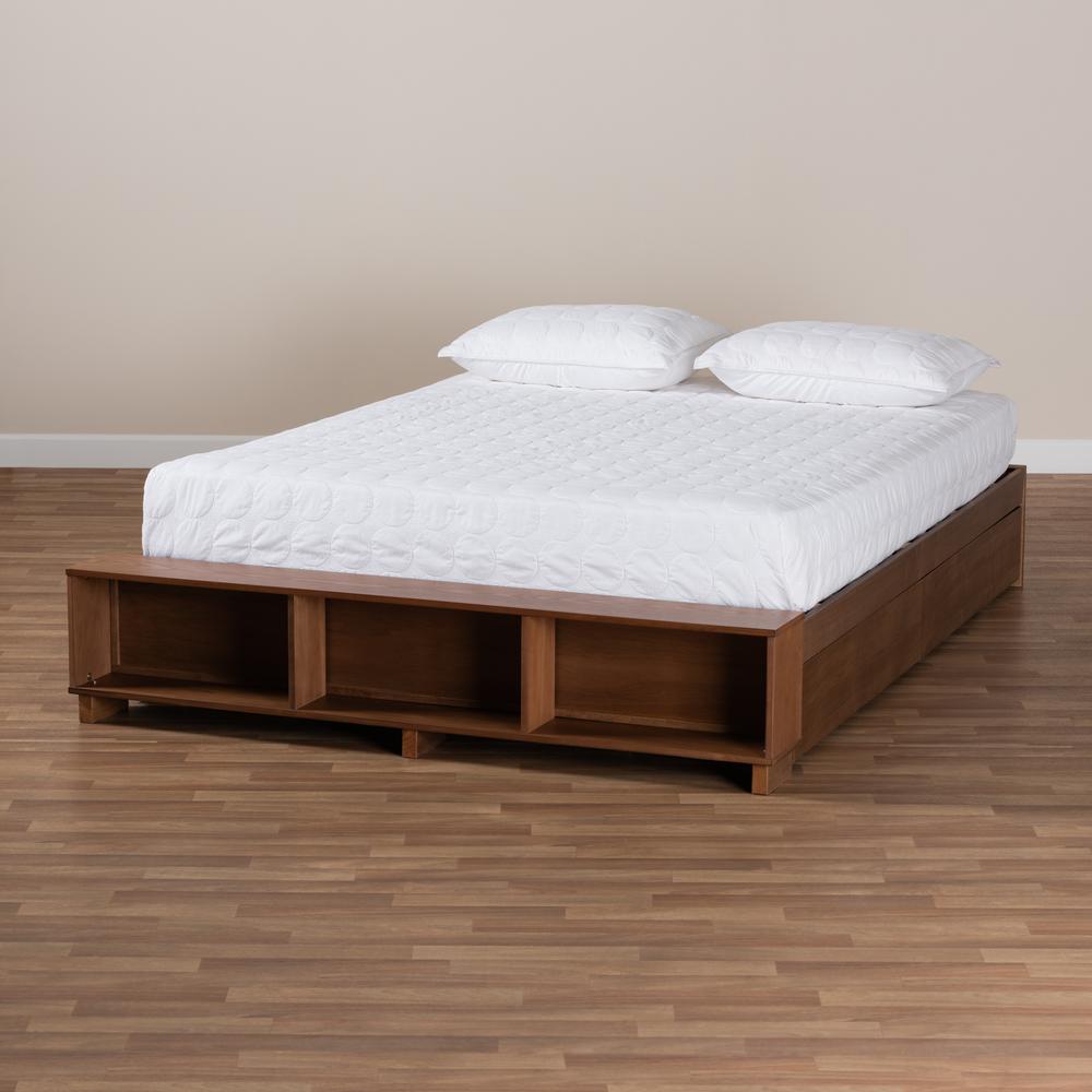 Walnut Brown Finished Wood Queen Size Platform Bed with Built-In Shelves. Picture 23