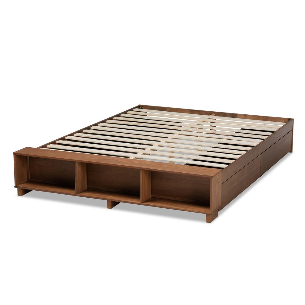Walnut Brown Finished Wood Queen Size Platform Bed with Built-In Shelves. Picture 17