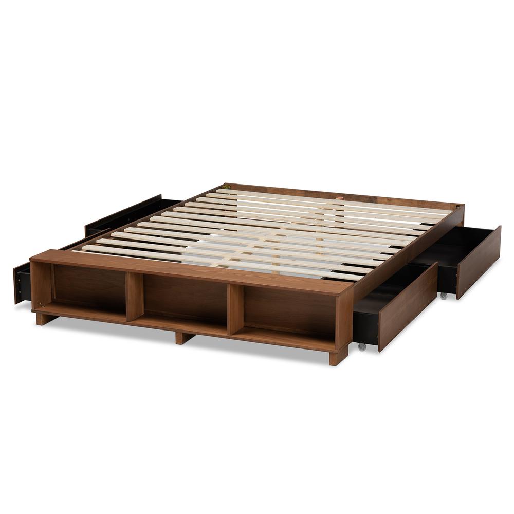 Walnut Brown Finished Wood Queen Size Platform Bed with Built-In Shelves. Picture 18