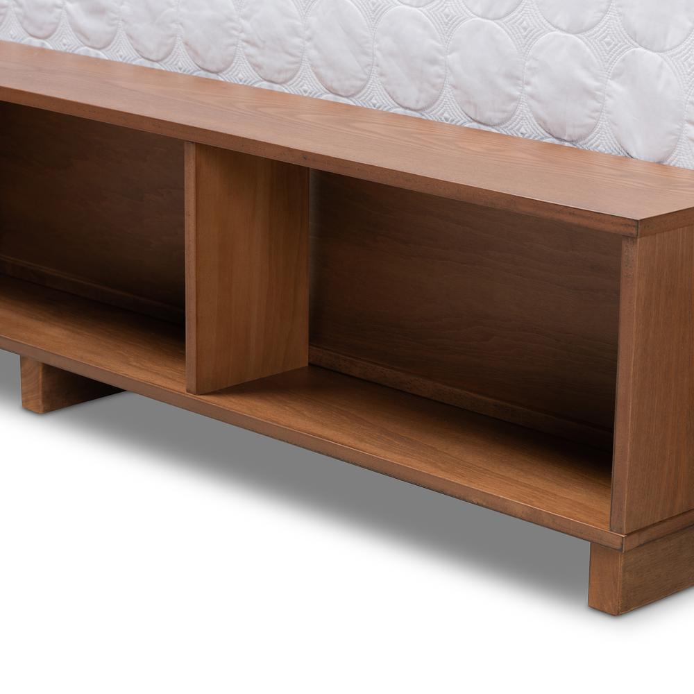 Walnut Brown Finished Wood Queen Size Platform Bed with Built-In Shelves. Picture 20