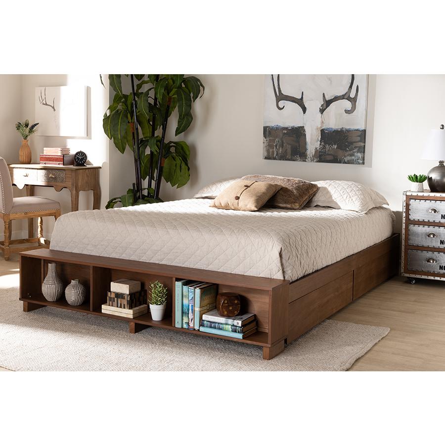 Walnut Brown Finished Wood Queen Size Platform Bed with Built-In Shelves. Picture 8