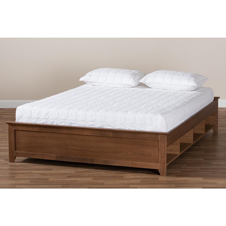 Brown Finished Wood King Size Platform Storage Bed Frame with Built-In Shelves. Picture 5