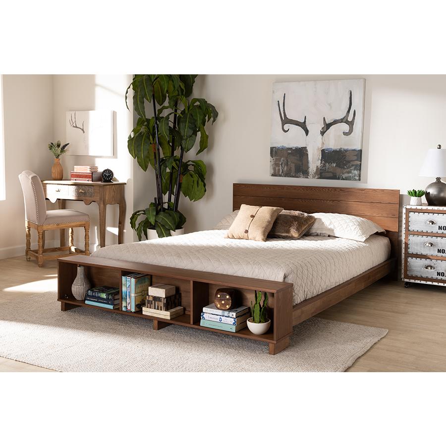 Walnut Brown Finished Wood Queen Size Platform Storage Bed with Built-In Shelves. Picture 6